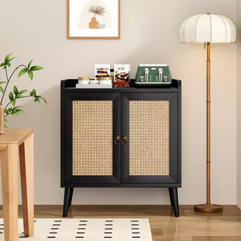 Sideboard Buffet Cabinet,Liquor Bar Cabinet with Natural Rattan Decorated Doors,Accent Kitchen Storage Cabinet for Dining Room