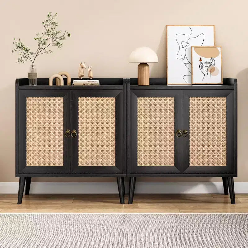 Sideboard Buffet Cabinet,Liquor Bar Cabinet with Natural Rattan Decorated Doors,Accent Kitchen Storage Cabinet for Dining Room