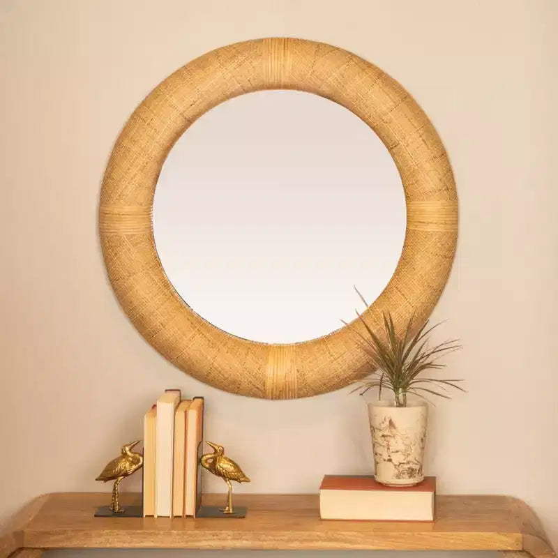 Home Handwoven Rattan Cane Round Wall Mirror, Natural