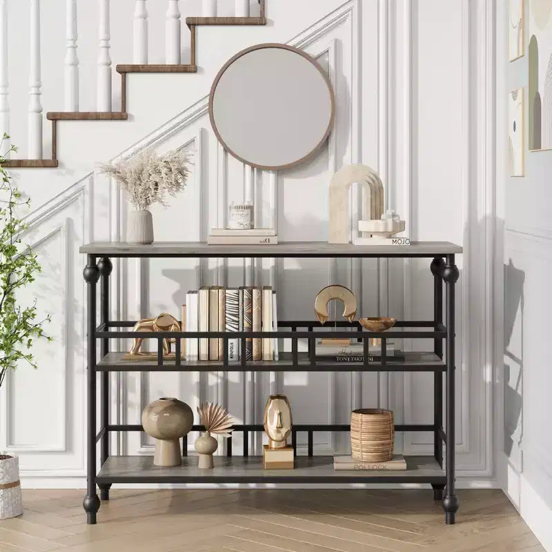 Console Table 43, 3-Tier Industrial Entryway Table, Narrow Entrance Sofa Table with Shelves