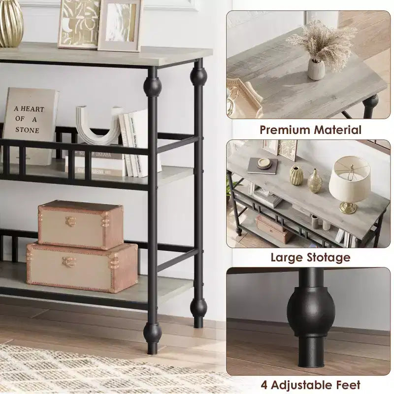 Console Table 43, 3-Tier Industrial Entryway Table, Narrow Entrance Sofa Table with Shelves