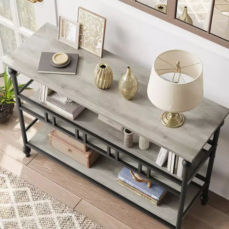 Console Table 43, 3-Tier Industrial Entryway Table, Narrow Entrance Sofa Table with Shelves