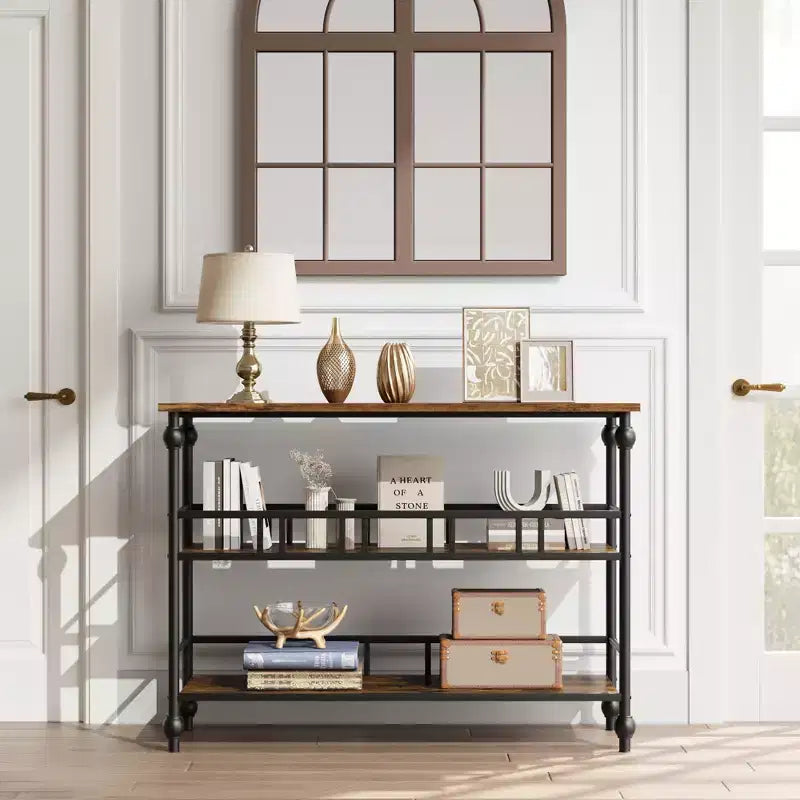 Console Table 43, 3-Tier Industrial Entryway Table, Narrow Entrance Sofa Table with Shelves