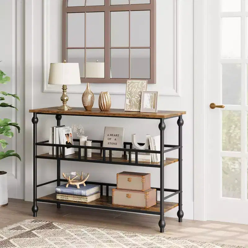 Console Table 43, 3-Tier Industrial Entryway Table, Narrow Entrance Sofa Table with Shelves