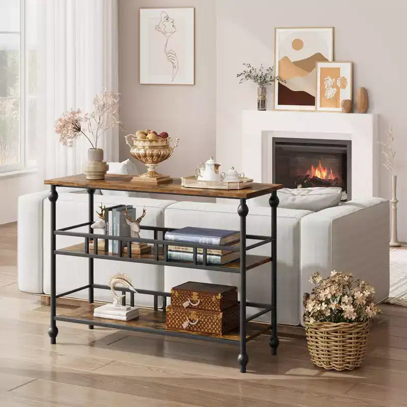Console Table 43, 3-Tier Industrial Entryway Table, Narrow Entrance Sofa Table with Shelves