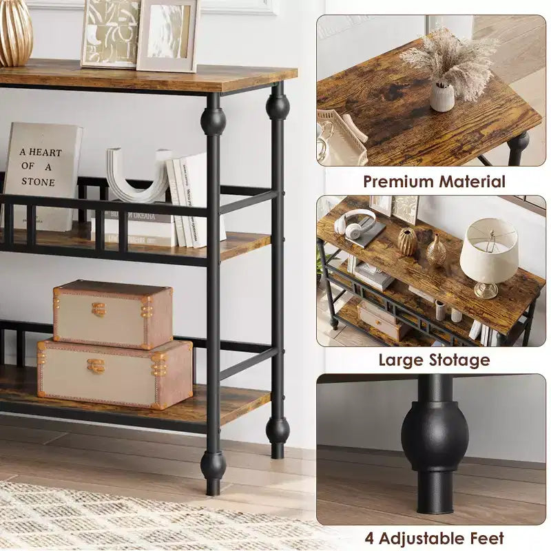 Console Table 43, 3-Tier Industrial Entryway Table, Narrow Entrance Sofa Table with Shelves
