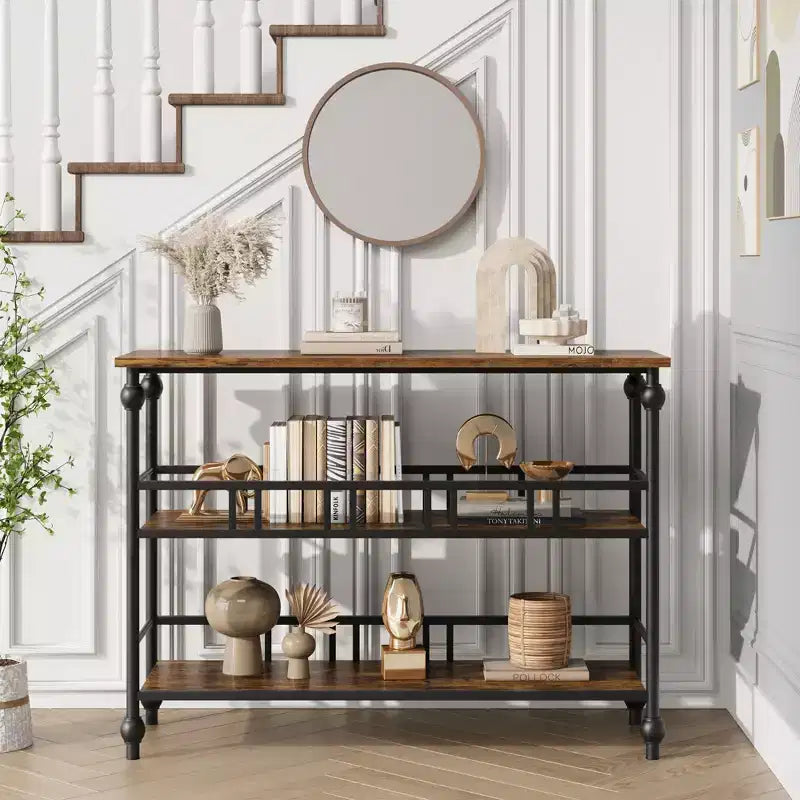 Console Table 43, 3-Tier Industrial Entryway Table, Narrow Entrance Sofa Table with Shelves