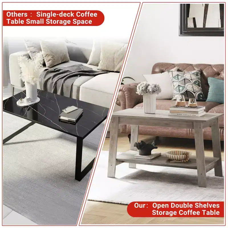 Farmhouse Wood Coffee Table, with 2 Storage Shelves for Small Spaces, Modern Coffee Table