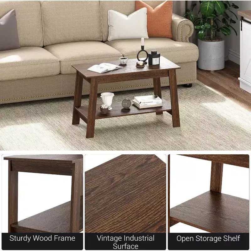 Farmhouse Wood Coffee Table, with 2 Storage Shelves for Small Spaces, Modern Coffee Table