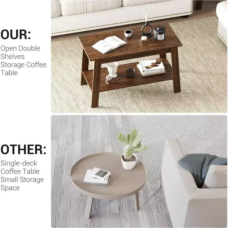 Farmhouse Wood Coffee Table, with 2 Storage Shelves for Small Spaces, Modern Coffee Table