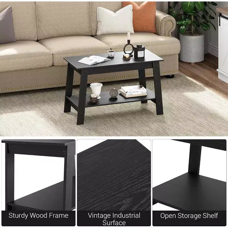 Farmhouse Wood Coffee Table, with 2 Storage Shelves for Small Spaces, Modern Coffee Table