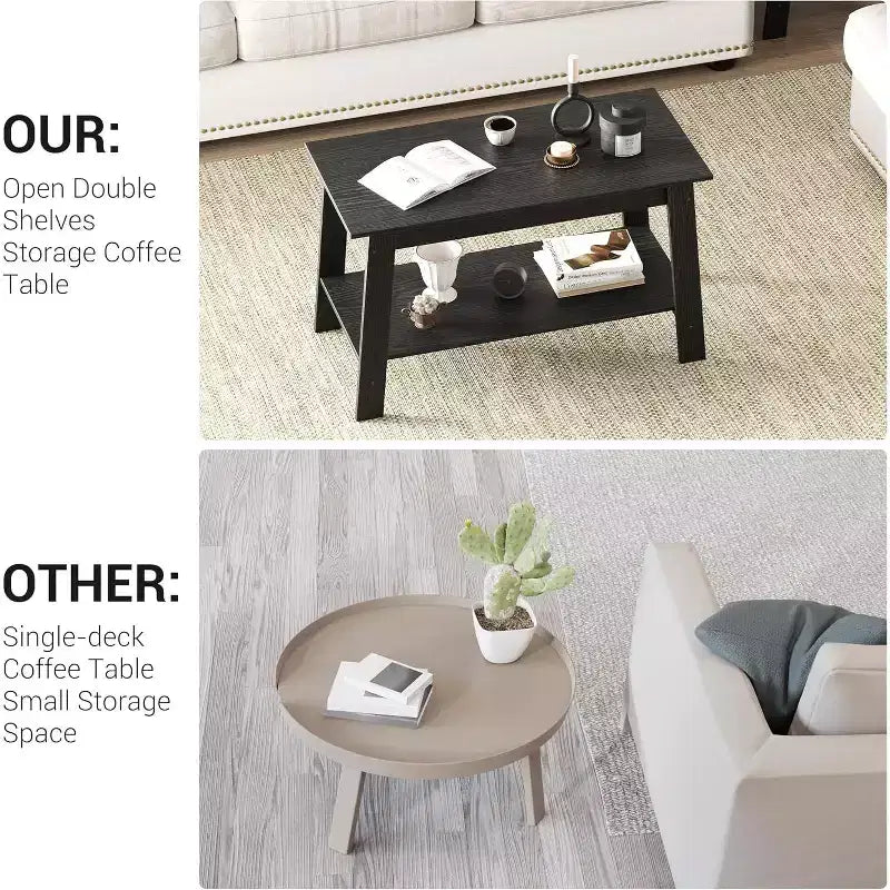 Farmhouse Wood Coffee Table, with 2 Storage Shelves for Small Spaces, Modern Coffee Table
