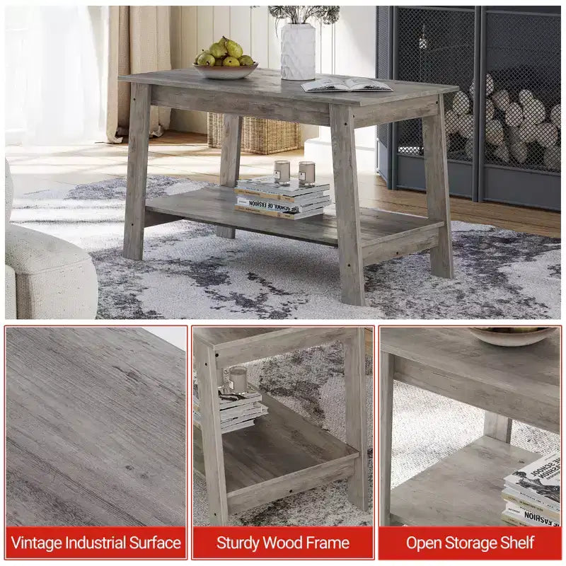 Farmhouse Wood Coffee Table, with 2 Storage Shelves for Small Spaces, Modern Coffee Table