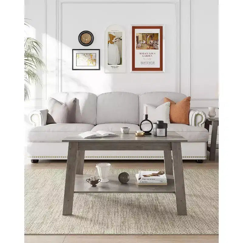 Farmhouse Wood Coffee Table, with 2 Storage Shelves for Small Spaces, Modern Coffee Table