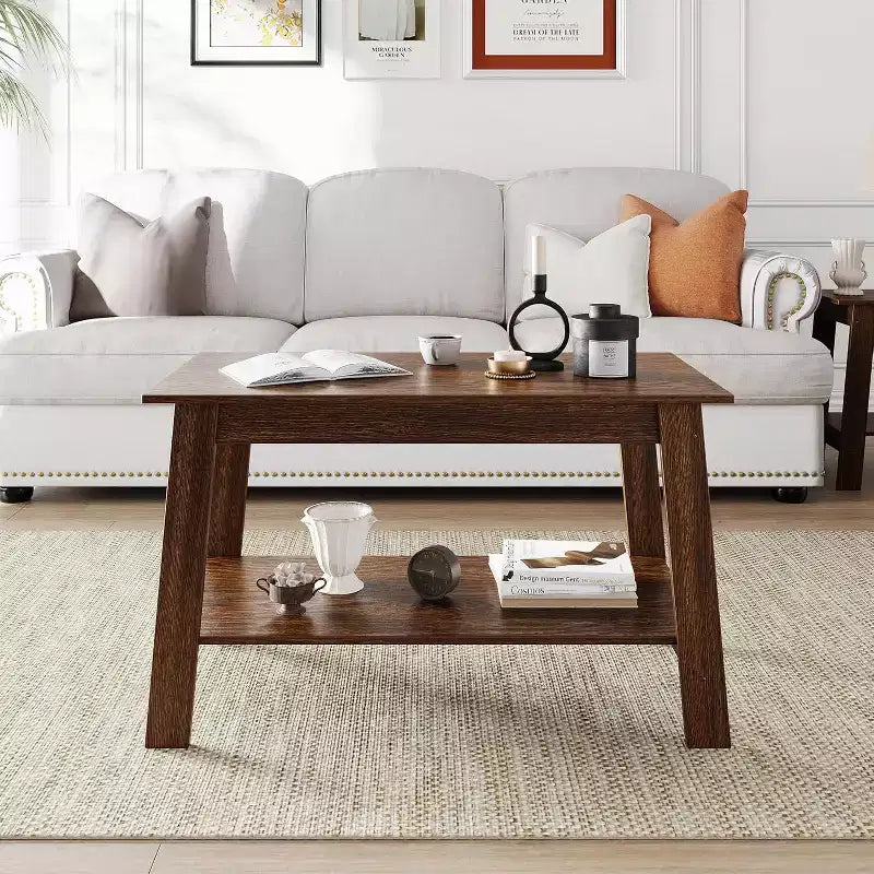 Farmhouse Wood Coffee Table, with 2 Storage Shelves for Small Spaces, Modern Coffee Table