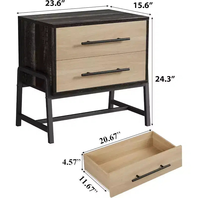 24 Dark Brown Farmhouse Nightstand, 2-Drawer Light Wood Side Table with Metal Legs, Bedroom Living Room Bedside Table