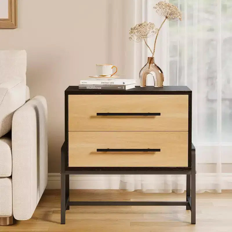 24 Dark Brown Farmhouse Nightstand, 2-Drawer Light Wood Side Table with Metal Legs, Bedroom Living Room Bedside Table