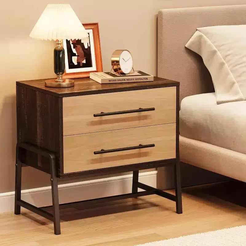 24 Dark Brown Farmhouse Nightstand, 2-Drawer Light Wood Side Table with Metal Legs, Bedroom Living Room Bedside Table