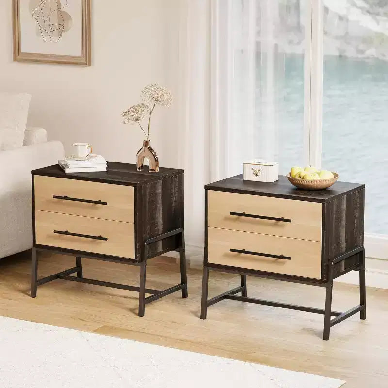 24 Dark Brown Farmhouse Nightstand, 2-Drawer Light Wood Side Table with Metal Legs, Bedroom Living Room Bedside Table