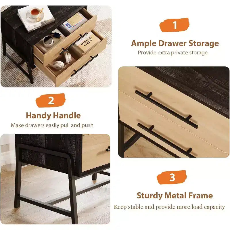 24 Dark Brown Farmhouse Nightstand, 2-Drawer Light Wood Side Table with Metal Legs, Bedroom Living Room Bedside Table