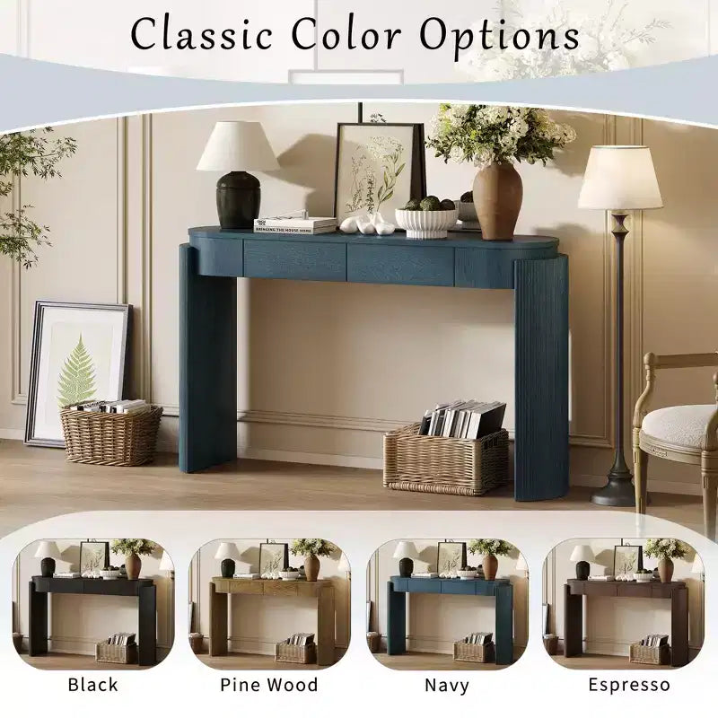 Entryway Table with Natural Wood Grain Finish Console Table with Fluted Design Oval Top and 2 Drawers for Entryway and Living Room Black