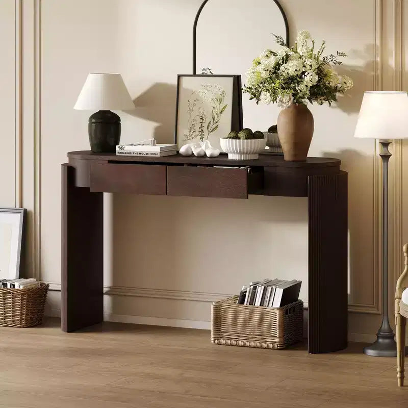 Entryway Table with Natural Wood Grain Finish Console Table with Fluted Design Oval Top and 2 Drawers for Entryway and Living Room Black