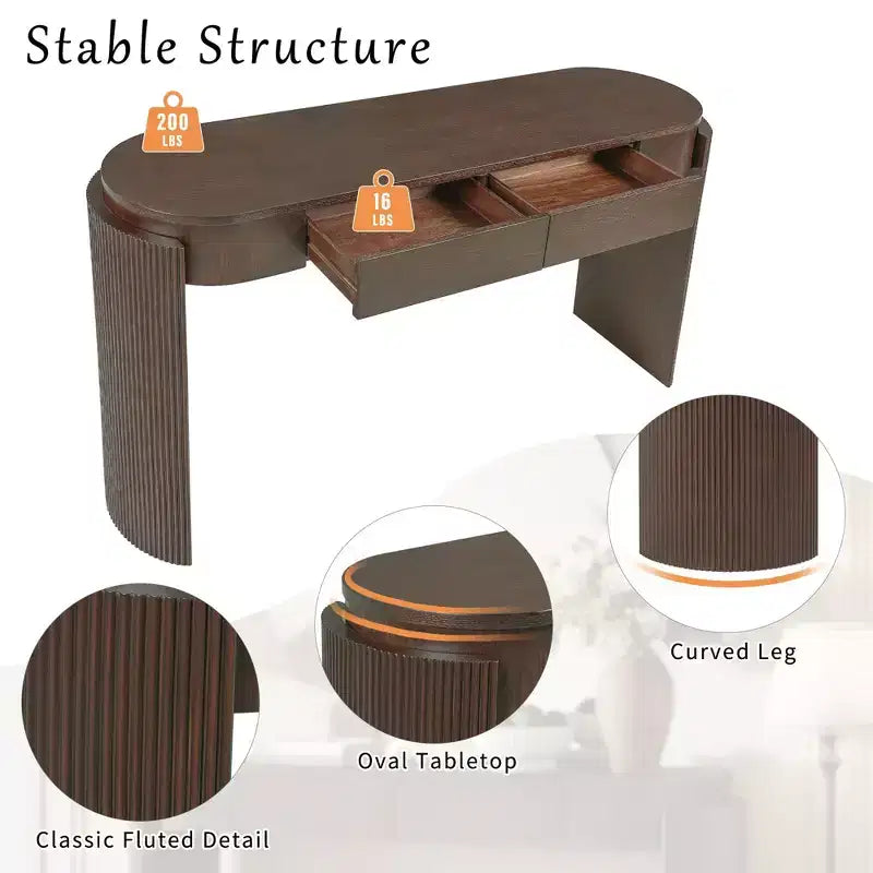 Entryway Table with Natural Wood Grain Finish Console Table with Fluted Design Oval Top and 2 Drawers for Entryway and Living Room Black