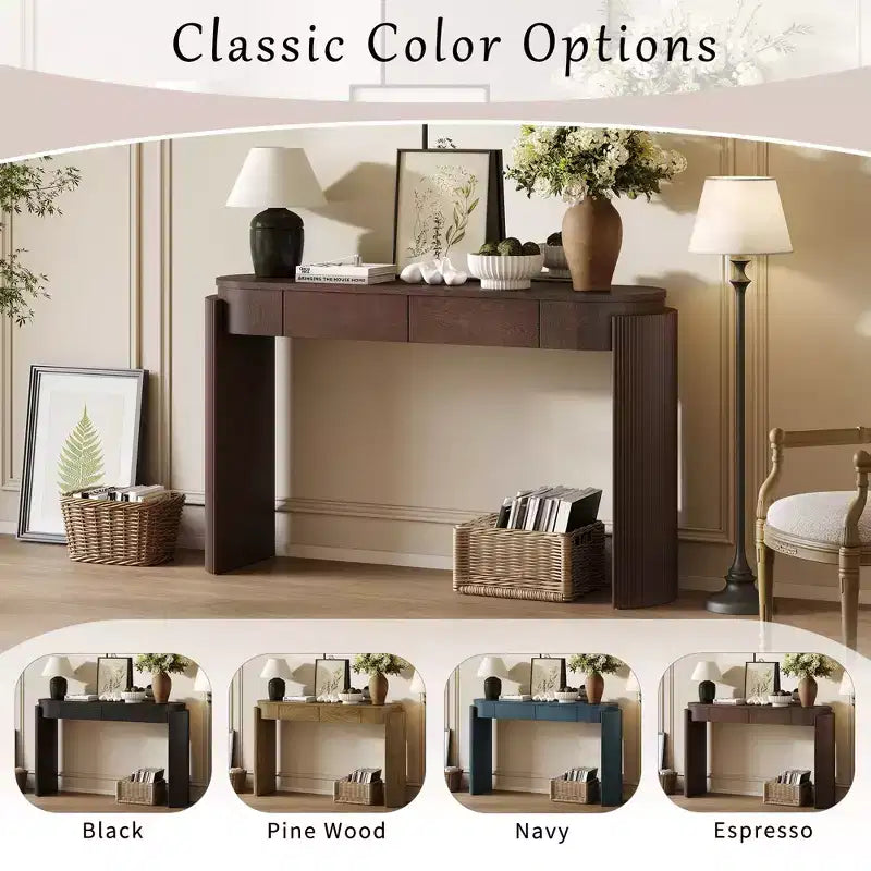 Entryway Table with Natural Wood Grain Finish Console Table with Fluted Design Oval Top and 2 Drawers for Entryway and Living Room Black