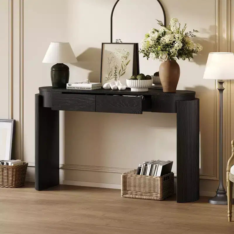 Entryway Table with Natural Wood Grain Finish Console Table with Fluted Design Oval Top and 2 Drawers for Entryway and Living Room Black