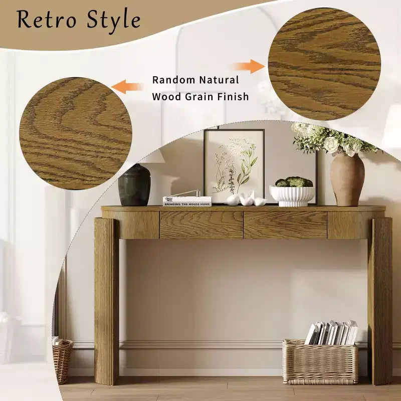Entryway Table with Natural Wood Grain Finish Console Table with Fluted Design Oval Top and 2 Drawers for Entryway and Living Room Black