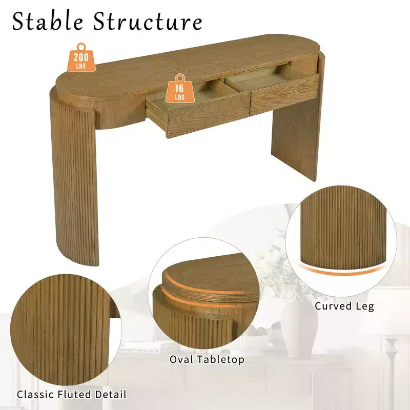 Entryway Table with Natural Wood Grain Finish Console Table with Fluted Design Oval Top and 2 Drawers for Entryway and Living Room Black
