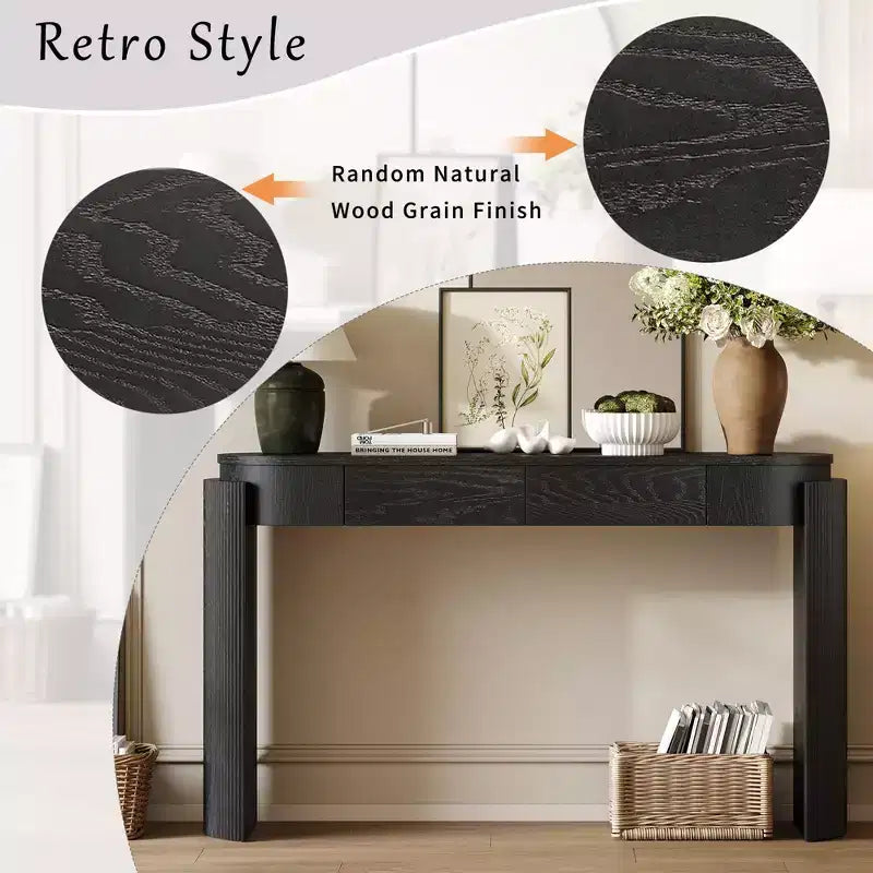Entryway Table with Natural Wood Grain Finish Console Table with Fluted Design Oval Top and 2 Drawers for Entryway and Living Room Black