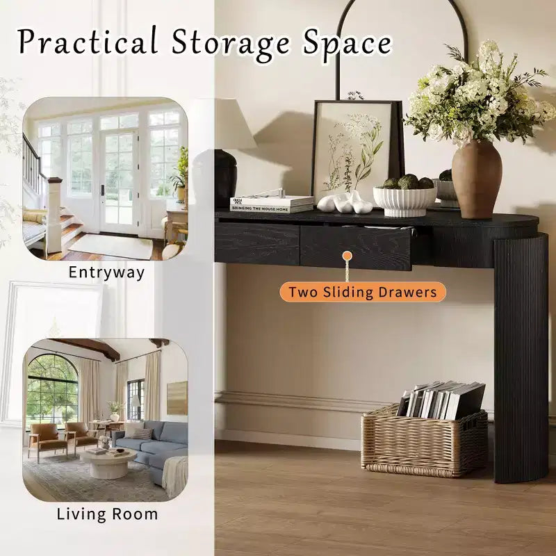 Entryway Table with Natural Wood Grain Finish Console Table with Fluted Design Oval Top and 2 Drawers for Entryway and Living Room Black
