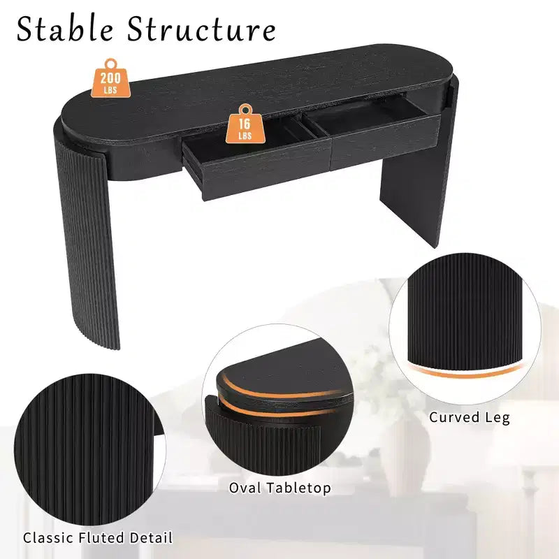 Entryway Table with Natural Wood Grain Finish Console Table with Fluted Design Oval Top and 2 Drawers for Entryway and Living Room Black