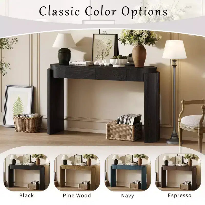 Entryway Table with Natural Wood Grain Finish Console Table with Fluted Design Oval Top and 2 Drawers for Entryway and Living Room Black