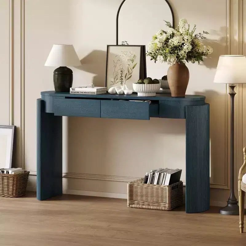 Entryway Table with Natural Wood Grain Finish Console Table with Fluted Design Oval Top and 2 Drawers for Entryway and Living Room Black
