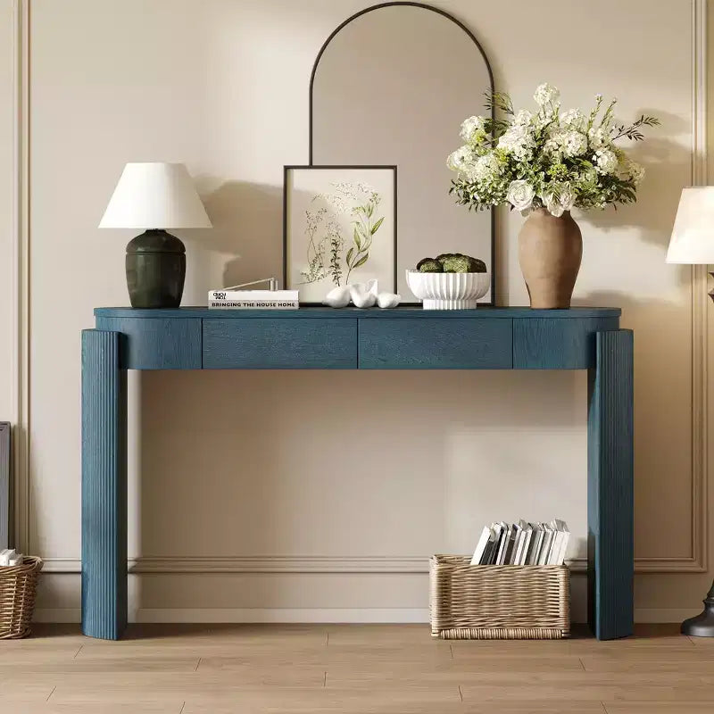Entryway Table with Natural Wood Grain Finish Console Table with Fluted Design Oval Top and 2 Drawers for Entryway and Living Room Black