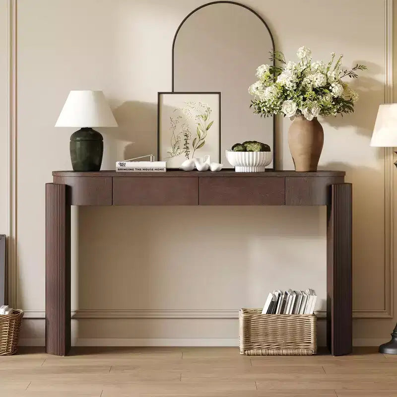 Entryway Table with Natural Wood Grain Finish Console Table with Fluted Design Oval Top and 2 Drawers for Entryway and Living Room Black