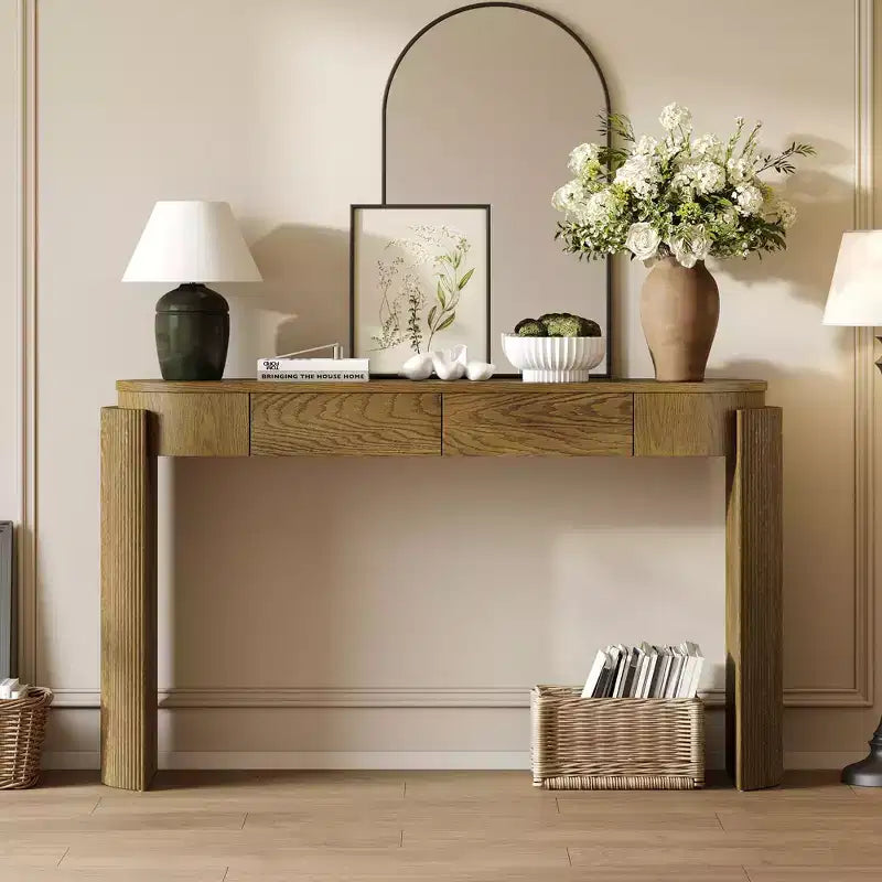 Entryway Table with Natural Wood Grain Finish Console Table with Fluted Design Oval Top and 2 Drawers for Entryway and Living Room Black