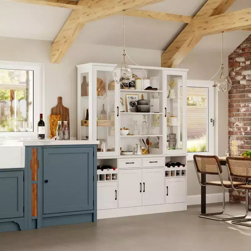White Kitchen Cabinet: Glass Doors, Wine Rack,Multi - Storage Zones  Perfect for Display & Storage