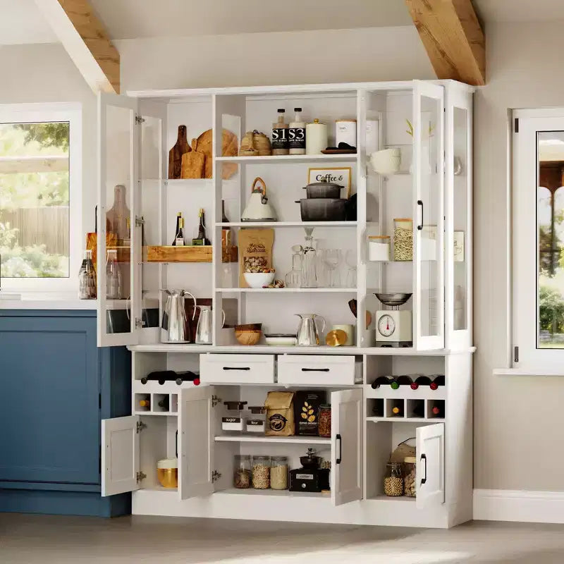 White Kitchen Cabinet: Glass Doors, Wine Rack,Multi - Storage Zones  Perfect for Display & Storage