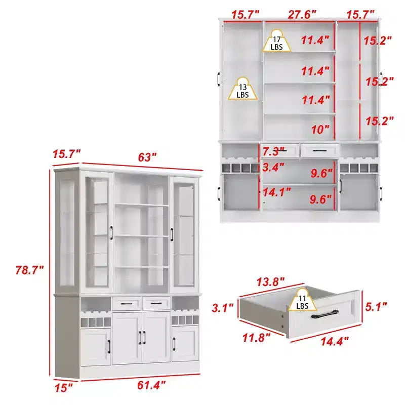 White Kitchen Cabinet: Glass Doors, Wine Rack,Multi - Storage Zones  Perfect for Display & Storage