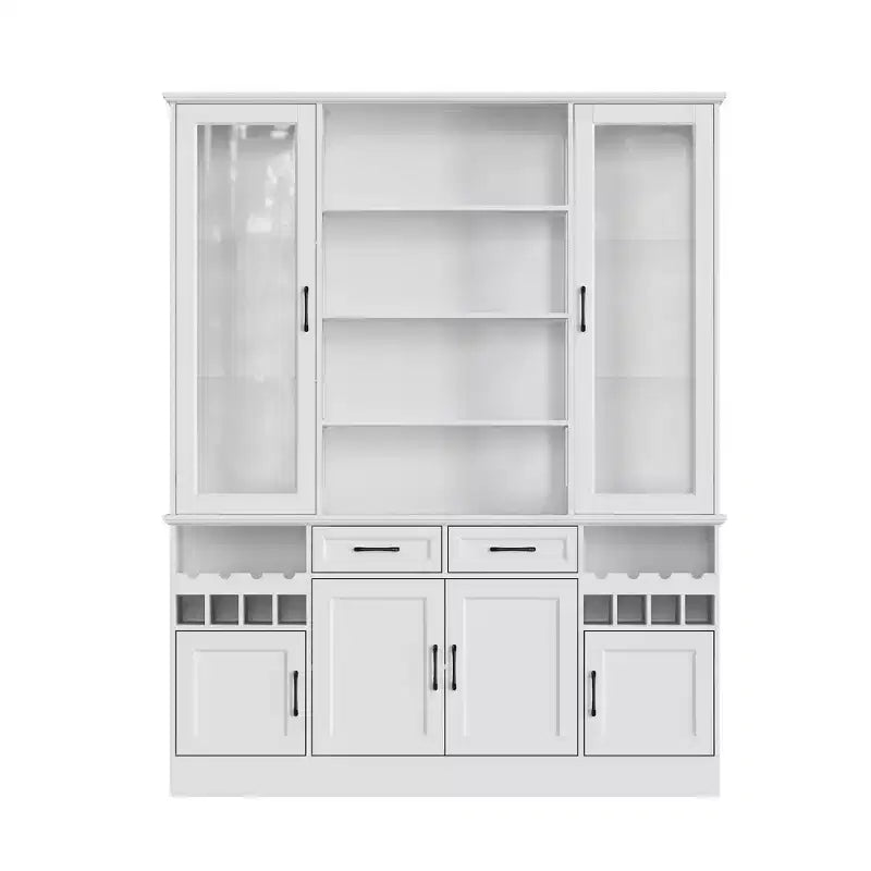 White Kitchen Cabinet: Glass Doors, Wine Rack,Multi - Storage Zones  Perfect for Display & Storage