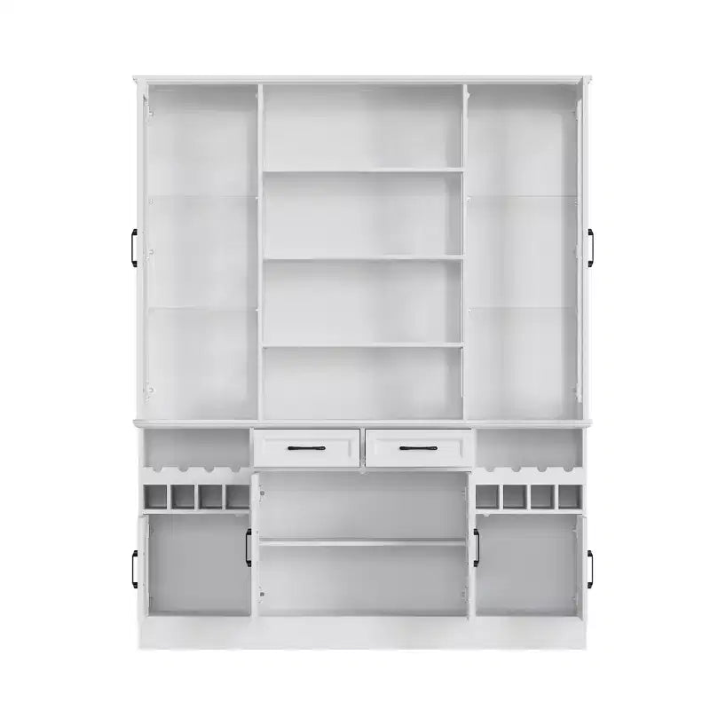 White Kitchen Cabinet: Glass Doors, Wine Rack,Multi - Storage Zones  Perfect for Display & Storage