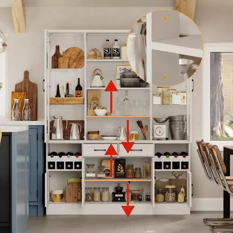 White Kitchen Cabinet: Glass Doors, Wine Rack,Multi - Storage Zones  Perfect for Display & Storage