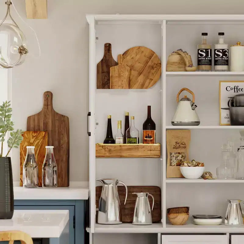 White Kitchen Cabinet: Glass Doors, Wine Rack,Multi - Storage Zones  Perfect for Display & Storage
