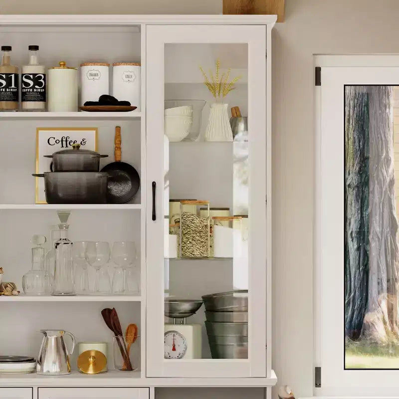 White Kitchen Cabinet: Glass Doors, Wine Rack,Multi - Storage Zones  Perfect for Display & Storage