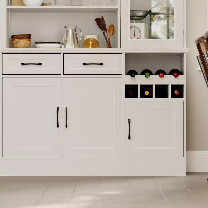 White Kitchen Cabinet: Glass Doors, Wine Rack,Multi - Storage Zones  Perfect for Display & Storage