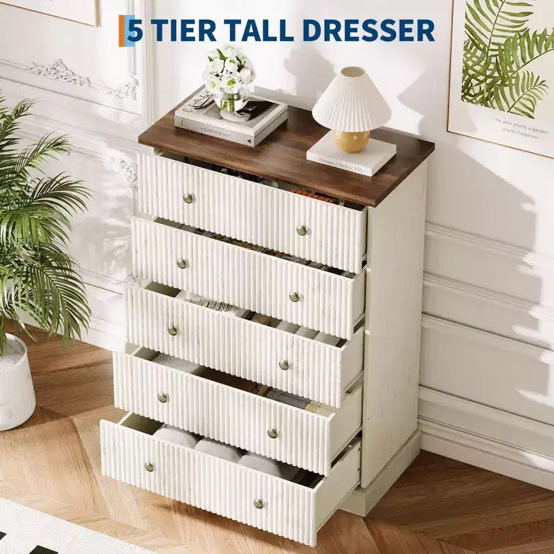 5 Drawer Tall Dresser for Bedroom, Fluted Vertical Chest of Drawers, Wood Storage Dresser with Metal Handles, Space Saving Dresser