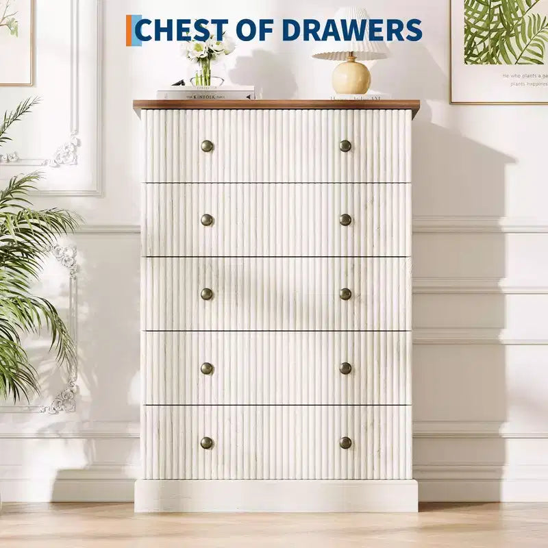 5 Drawer Tall Dresser for Bedroom, Fluted Vertical Chest of Drawers, Wood Storage Dresser with Metal Handles, Space Saving Dresser